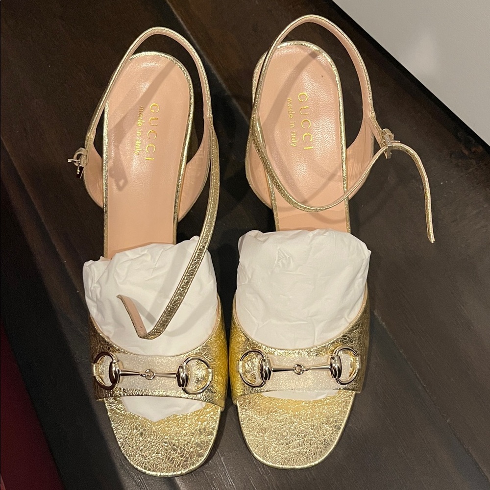 Gucci Gold Glitter Heels with Buckle Detail